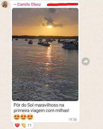 Print de aluna ou aluno: Camila, pôr do sol na primeira viagem com milhas