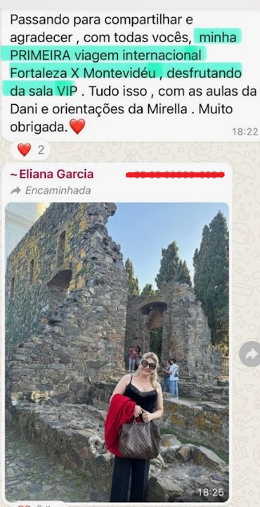 Print de aluna ou aluno: primeira viagem internacional e a viagem da Eliana