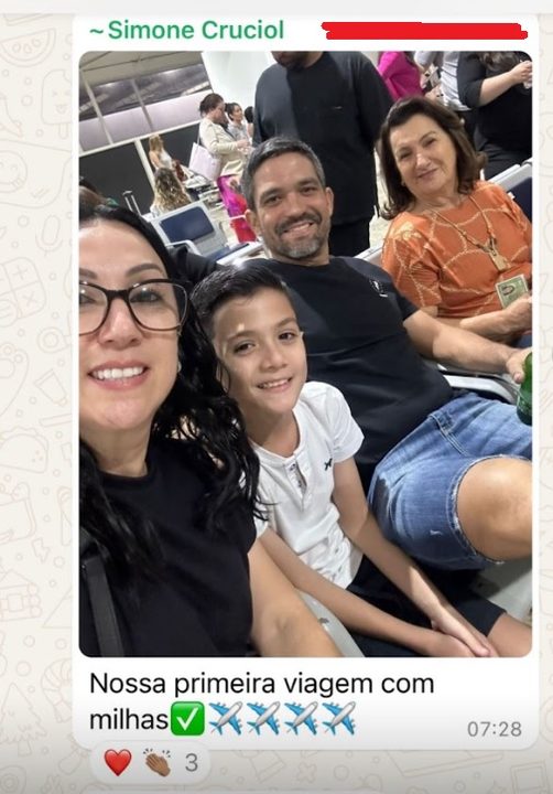 Print de aluna ou aluno: Simone e família, primeira viagem com milhas